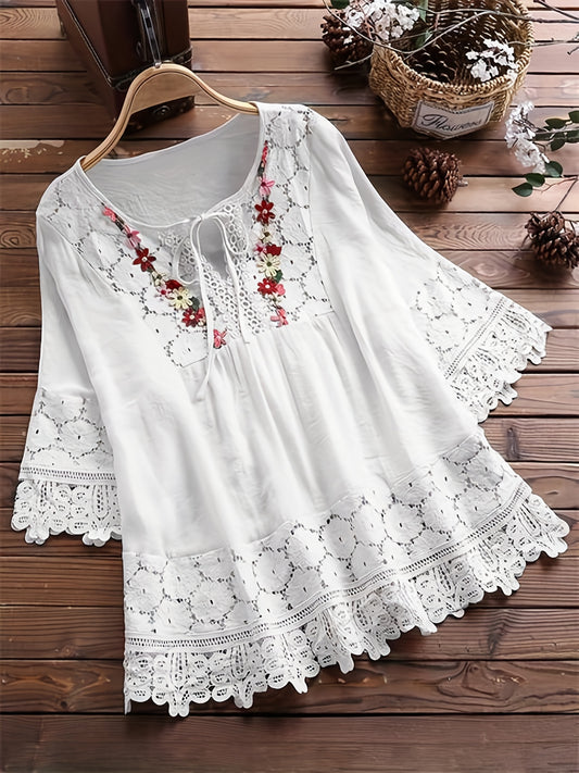 ZllKl Plus Size Elegant Blouse, Women's Plus Floral Appliques Contrast Guipure Lace Short Sleeve Tie Neck Top