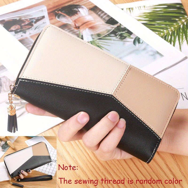 Contrast Color Long Wallet, PU Leather Textured Portable Clutch Bag, Fashion Zipper Women's Purse