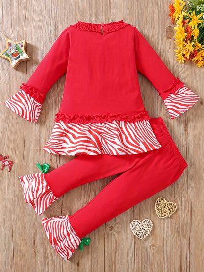 2pcs Toddler Girl's Santa Clause Patched Peplum Top & Flared Pants Set, Christmas Outfit for Spring Fall Festival