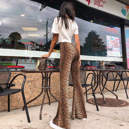 ZllKl  European and American Popular Products  Autumn New Elastic High Waist Leopard-Print Bell-Bottom Pants Women's Long  Foreign Trade Women's Clothing Wholesale