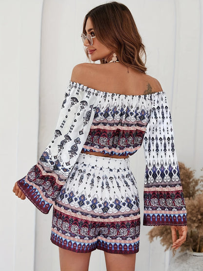 Two-Piece Chic Outfit - Charming Off-The-Shoulder Design Sleeve Top and Super Comfy Loose-Fit Shorts for Effortlessly Chic Casual Style - Exclusively Designed for Women Who Love Fashion and Comfort