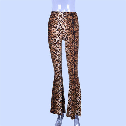 ZllKl  European and American Popular Products  Autumn New Elastic High Waist Leopard-Print Bell-Bottom Pants Women's Long  Foreign Trade Women's Clothing Wholesale