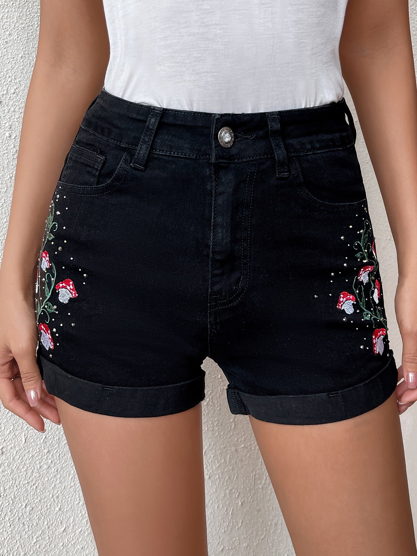 ZllKl  Mushroom Plant Embroidery Cute Denim Shorts, Roll Up Hem Slash Pocket Denim Shorts, Women's Denim Jeans & Clothing