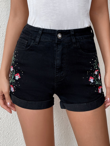 ZllKl  Mushroom Plant Embroidery Cute Denim Shorts, Roll Up Hem Slash Pocket Denim Shorts, Women's Denim Jeans & Clothing