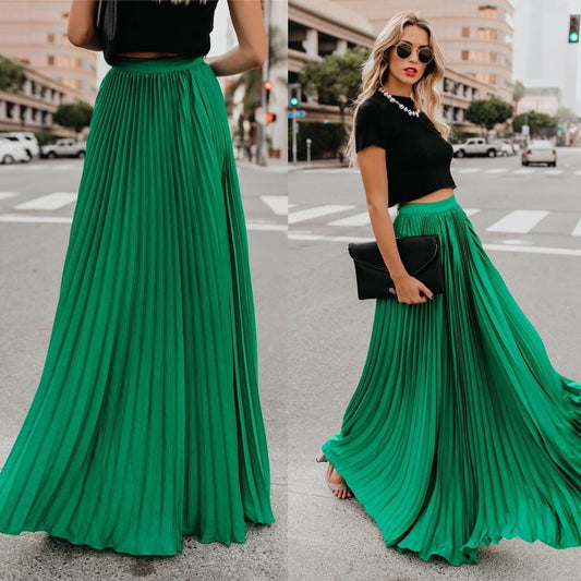 ZllKl  New European and American Style plus Size Mid-High Waist Pleated Skirt Women's Large Swing Dress