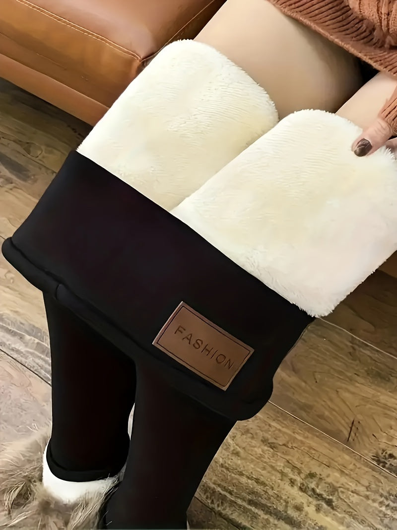 Women's Fleece-Lined Long Leggings - Warm Stretch Pants with Fashion Label, Soft and Comfortable Polyester Blend (Polyester 88%, Elastane 12%), Solid Color, Knit Jegging for Autumn and Winter