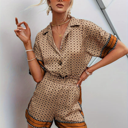 Chic Allover Print Womens Two-Piece Outfit - Button Front Short Sleeve Blouse & Paper Bag Waist Shorts Set - Stylish, Flattering, Perfect for Summer Casual Wear