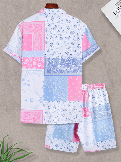 Fashionable Mens Paisley Print Short Sleeve Shirt & Shorts Set - Comfortable Resort-Ready Loungewear for Stylish Getaways - Two-Piece Ensemble