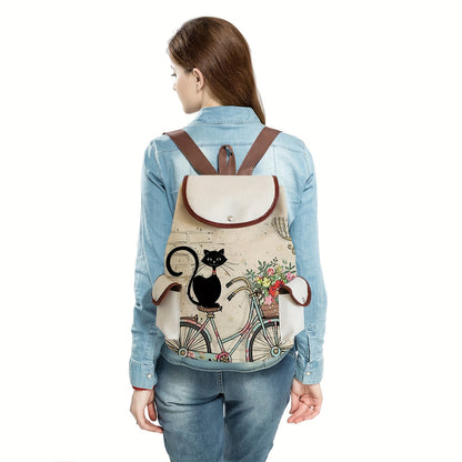 Cute Cartoon Black Cat Polyester Daypack Backpack with Drawstring Closure - Spacious Utility Pocket, Soft Shell, Water-Resistant, Perfect for Casual Leisure Travel, Daily Use, and as a Party Gift