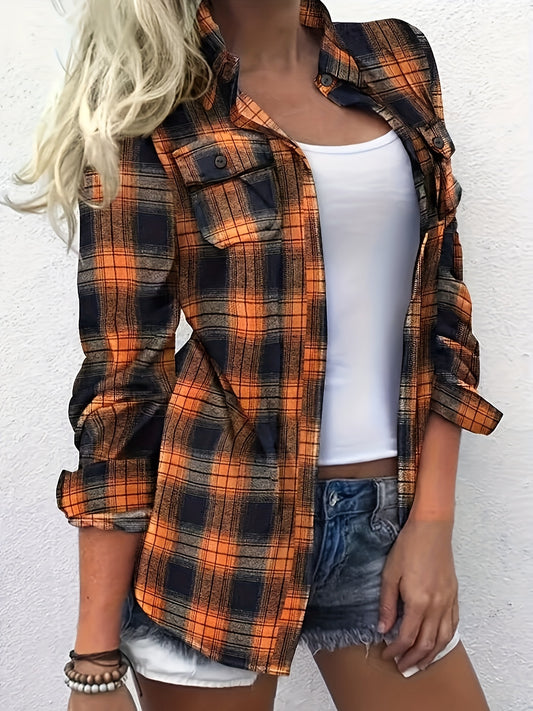 Plus Size Colorblock Plaid Shirt - Relaxed-Fit Casual Long Sleeve Button Front Shirt for Everyday Wear - Designed for Womens Plus Size Clothing