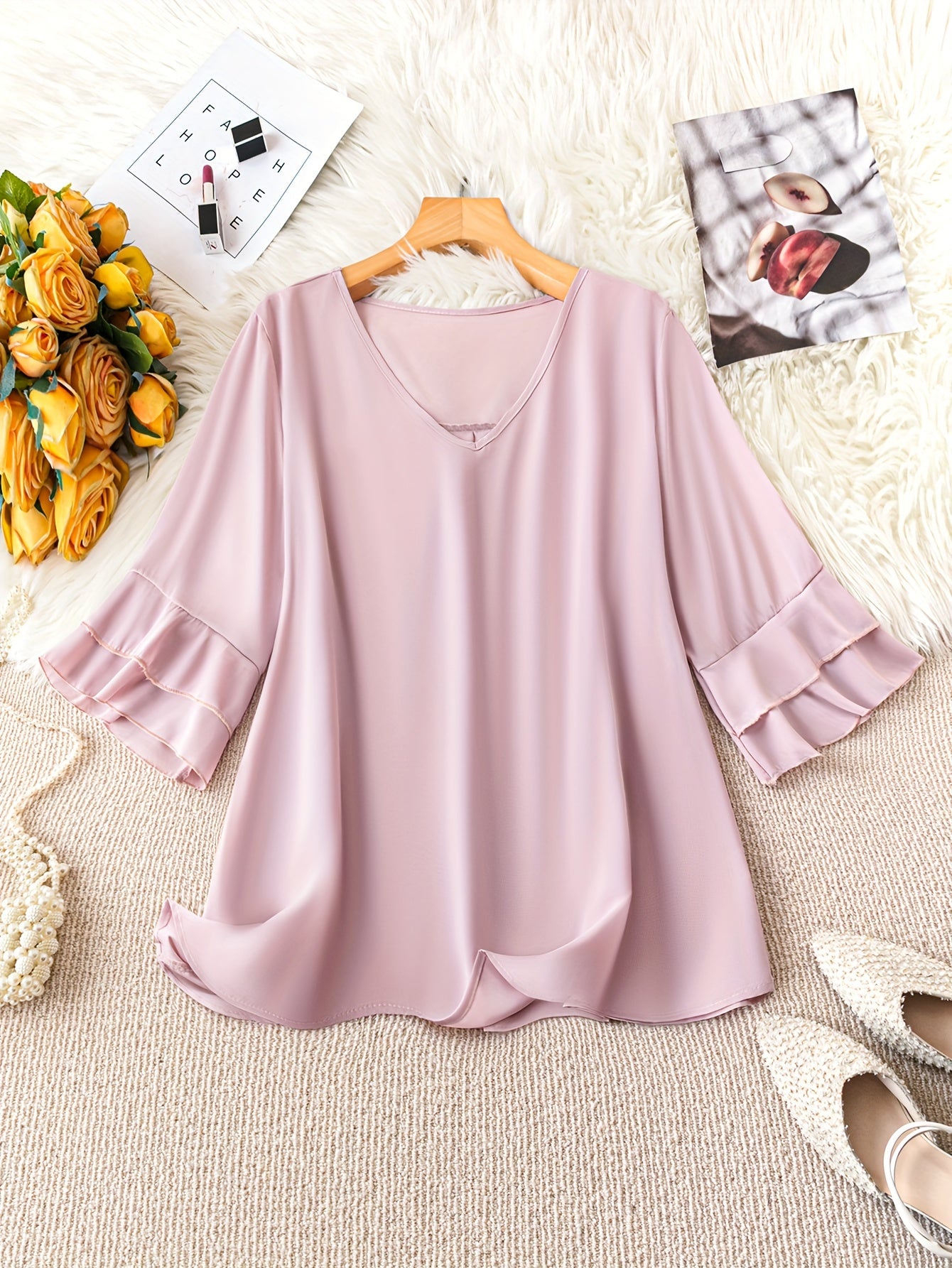 Plus Size Elegant V-Neck Ruffle Trim Shirting Blouse - Soft Polyester Non-Stretch Fabric, Casual Half Sleeve Design for Spring & Summer, Hand Wash Only, Womens Plus Size Clothing for Middle East Collection