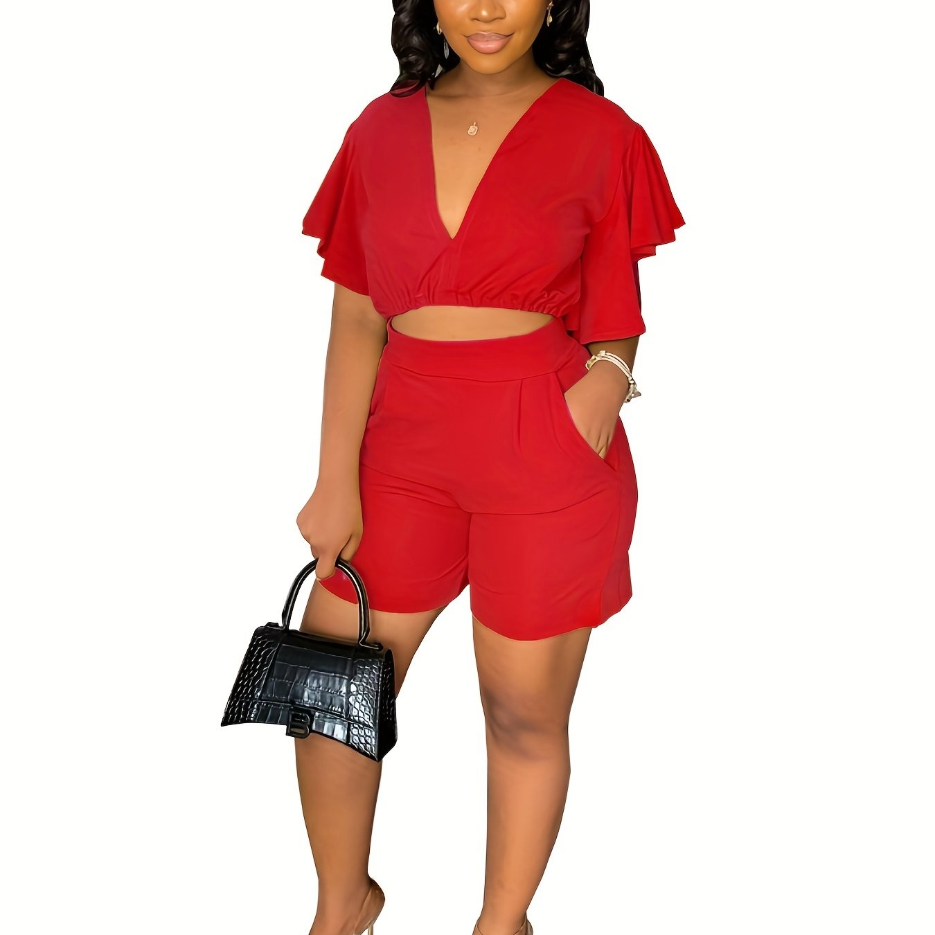 Chic Lightweight Two-Piece Set - Flirty Flutter Sleeve Crop Top & High Waist Shorts Outfit - Stretchy, Slimming Womens Clothing