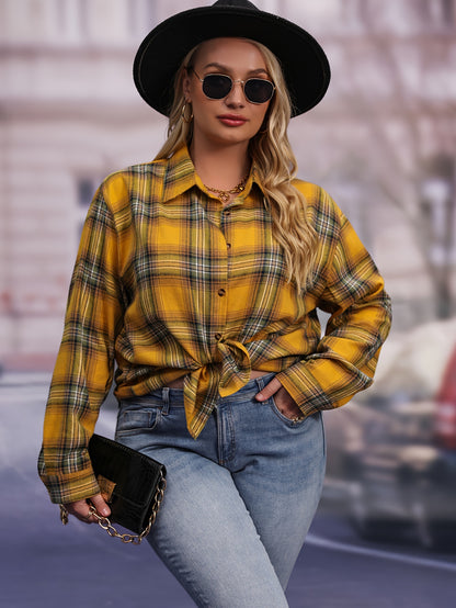 ZllKl Plus Size Plaid Print Shirt, Casual Long Sleeve Button Up Lapel Collar Loose Fit Shirt Top, Women's Plus Size Clothing