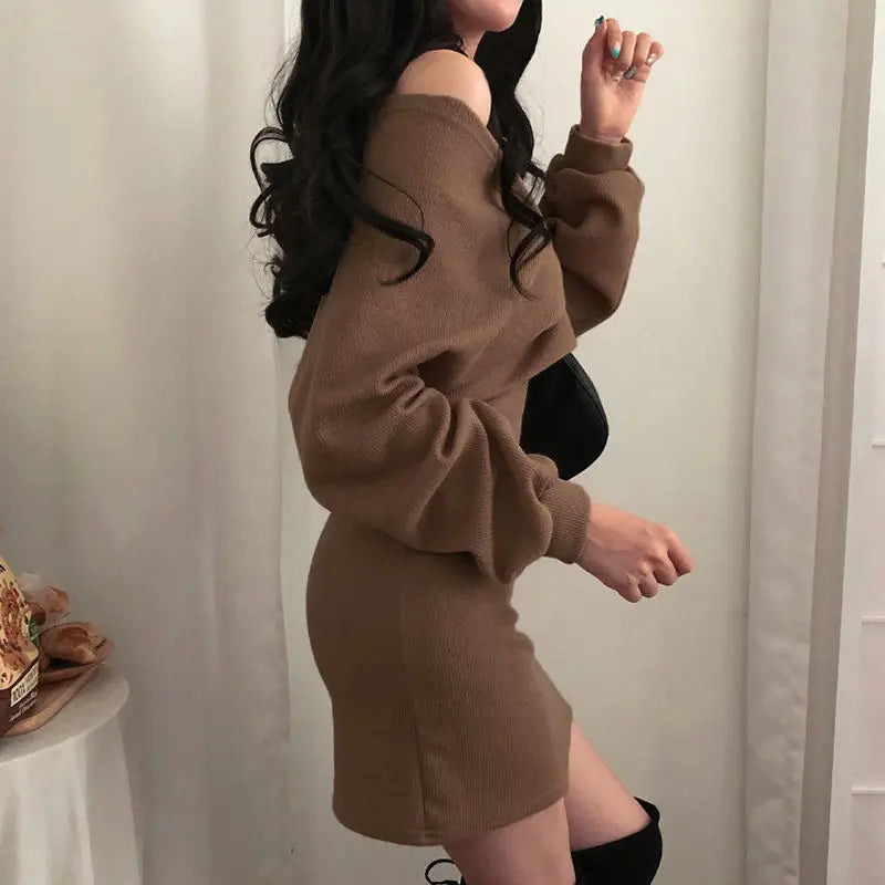 Sexy Solid Knitted Mini Dress Women Two Piece Set Skinny Dresses and Long Sleeve Knitted Cardigan Harajuku Dress Vestidos