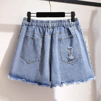 150Kg Plus Size Women's Summer Loose Denim Shorts Ripped Beaded Straight Wide Leg Pants Blue Hip 154cm 5XL 6XL 7XL 8XL 9XL