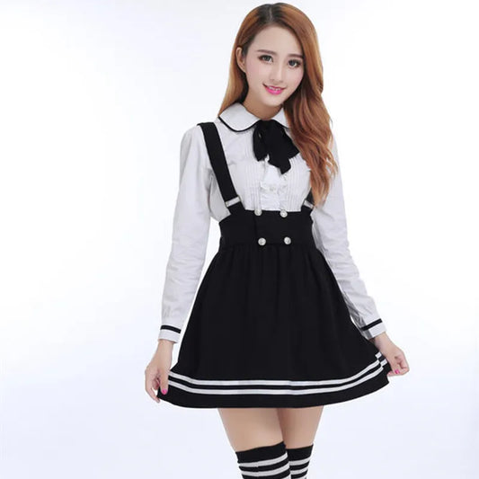 Japanese School Uniform for Girls Students Class Sweet Clothes Navy Straps Skirt +White Shirt +Stocking 3 Pcs / Set