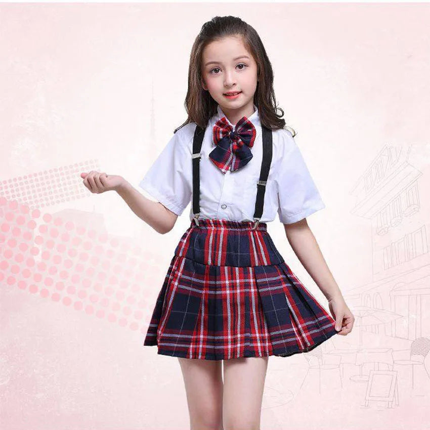 2022 School Uniforms for Children Kids Clothing Sets Tops+Skirt+Strap Teenager Girls Plaid Student Boys Choir Costumes 100-170Cm