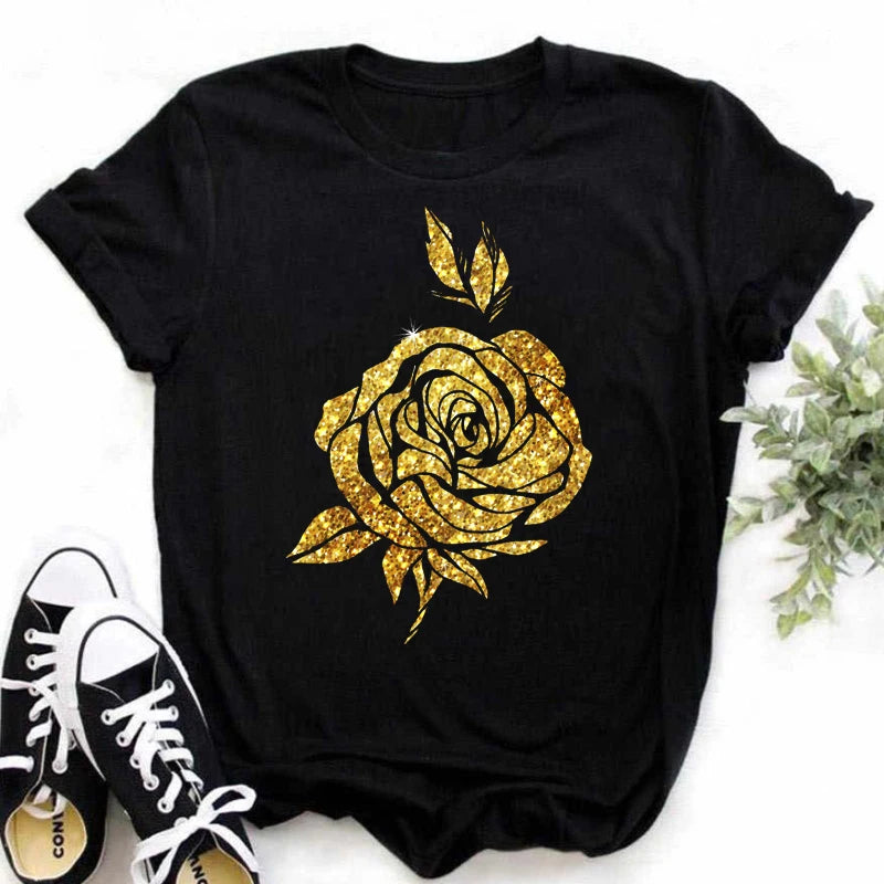 Maycaur New Fashion Gold Rose Print Women T Shirt Harajuku Short Sleeves Tshirts Casual O-neck Top Tee Shirt Women Black T-shirt