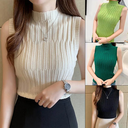 Women Half Turtleneck Sleeveless Slim Knitted T-Shirt Vest Sexy Fashion Casual Half-high Collar Hooded Bottoming Outer Wear