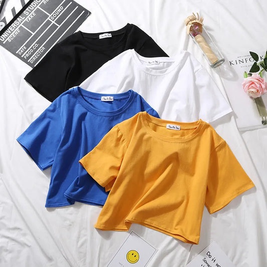 Summer Short Sleeve T Shirts Women Cotton Solid T-shirt O Neck High Waist Crop Top Tee Female Casual Loose T Shirt