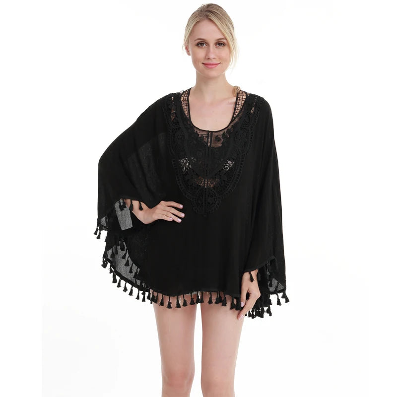 Summer Linen Women Tops Fashionable loose large size lace perspective shirt beach cover up tops two color are available