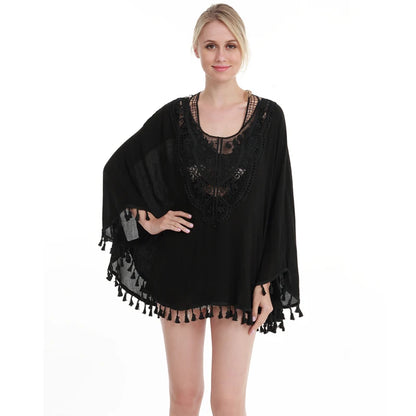 Summer Linen Women Tops Fashionable loose large size lace perspective shirt beach cover up tops two color are available