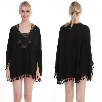 Summer Linen Women Tops Fashionable loose large size lace perspective shirt beach cover up tops two color are available