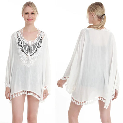 Summer Linen Women Tops Fashionable loose large size lace perspective shirt beach cover up tops two color are available