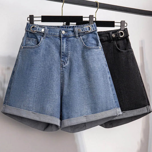 150Kg Plus Size Women's Denim Shorts High Waist Casual Loose Straight Wide Leg Pants Hip 150cm 5XL 6XL 7XL 8XL 9XL Black Blue