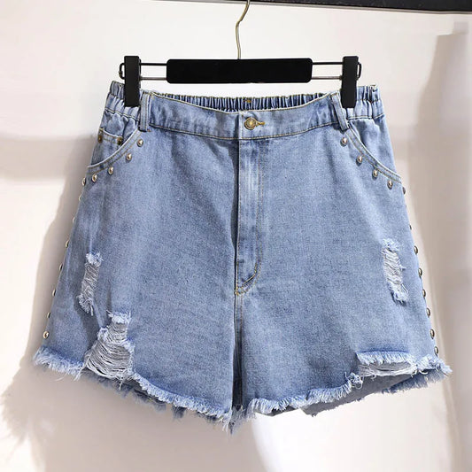 150Kg Plus Size Women's Summer Loose Denim Shorts Ripped Beaded Straight Wide Leg Pants Blue Hip 154cm 5XL 6XL 7XL 8XL 9XL