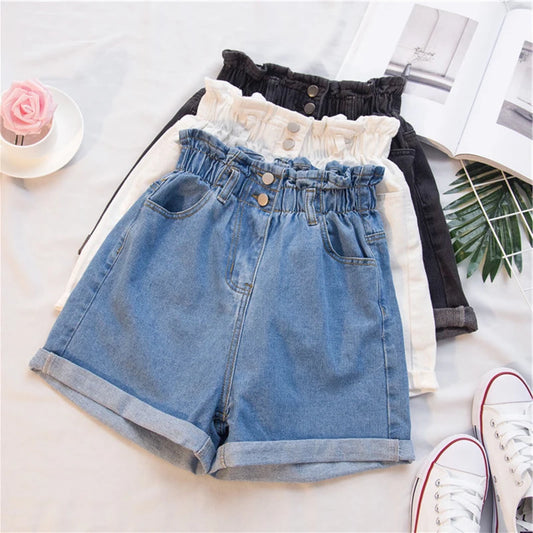 2021 Summer High Waist Denim Shorts Women Casual Loose Ladies Fashion Roll Up Hem Elastic Waist Jeans Female Plus Size S-5XL