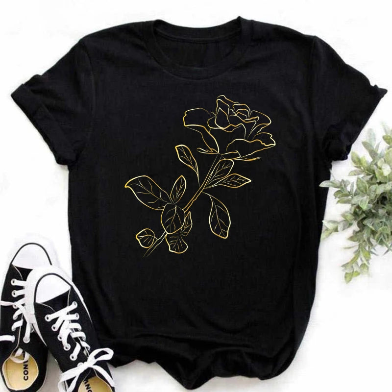 Maycaur New Fashion Gold Rose Print Women T Shirt Harajuku Short Sleeves Tshirts Casual O-neck Top Tee Shirt Women Black T-shirt