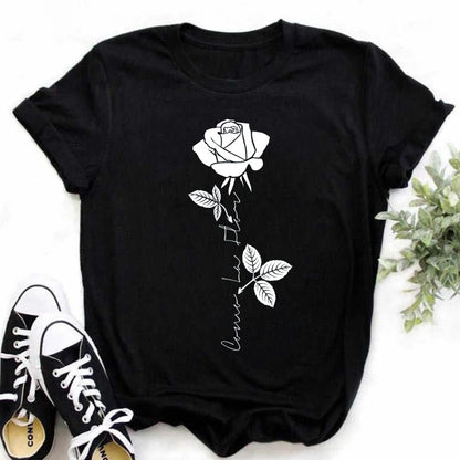 Maycaur New Fashion Gold Rose Print Women T Shirt Harajuku Short Sleeves Tshirts Casual O-neck Top Tee Shirt Women Black T-shirt