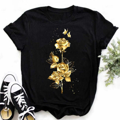 Maycaur New Fashion Gold Rose Print Women T Shirt Harajuku Short Sleeves Tshirts Casual O-neck Top Tee Shirt Women Black T-shirt