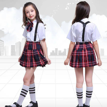 2022 School Uniforms for Children Kids Clothing Sets Tops+Skirt+Strap Teenager Girls Plaid Student Boys Choir Costumes 100-170Cm