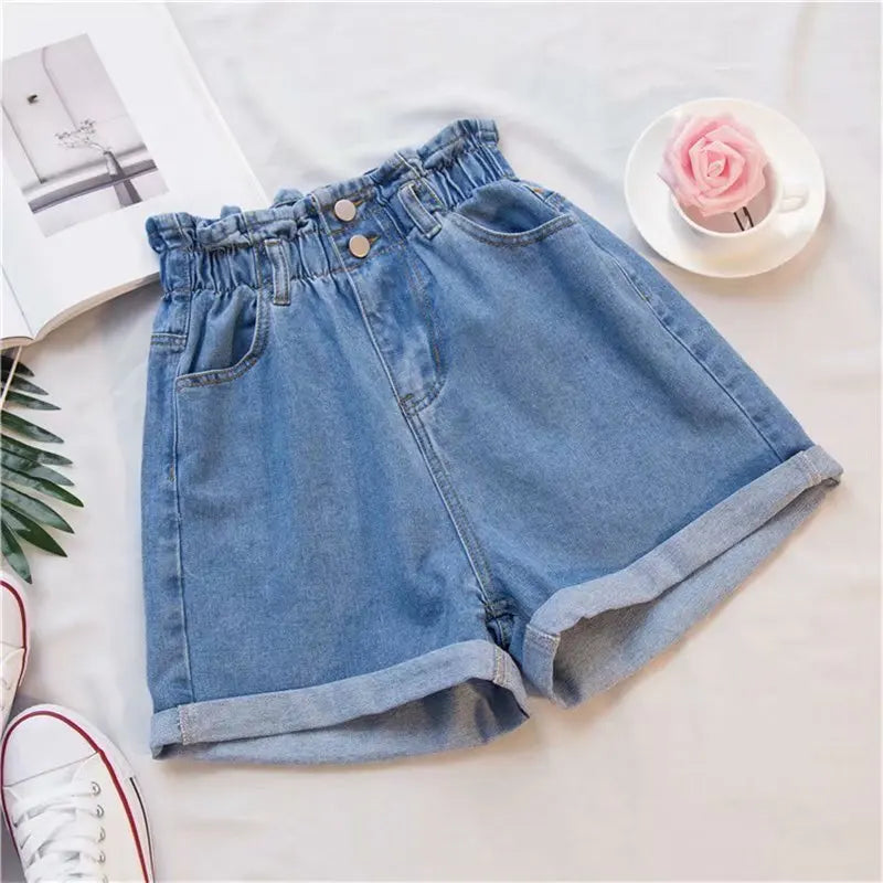 2021 Summer High Waist Denim Shorts Women Casual Loose Ladies Fashion Roll Up Hem Elastic Waist Jeans Female Plus Size S-5XL