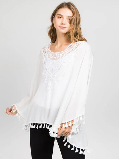 Summer Linen Women Tops Fashionable loose large size lace perspective shirt beach cover up tops two color are available