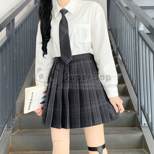 Charcoal gray JK Uniform Female Full Suit Summer Autumn White Shirt Original Pleated Skirt School Girl Clothes