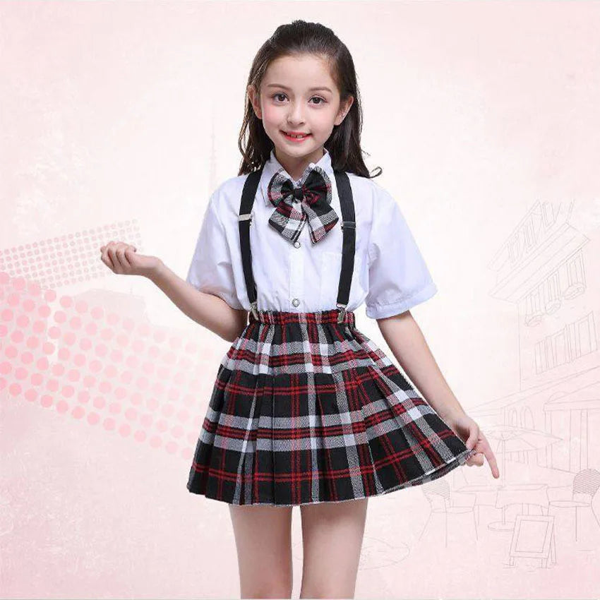 2022 School Uniforms for Children Kids Clothing Sets Tops+Skirt+Strap Teenager Girls Plaid Student Boys Choir Costumes 100-170Cm