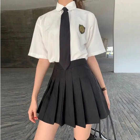 School Girl Uniform Two-piece College Style Pleated Skirt Suits Women's Suits Summer Loose Shirt Female Student Korean Uniform