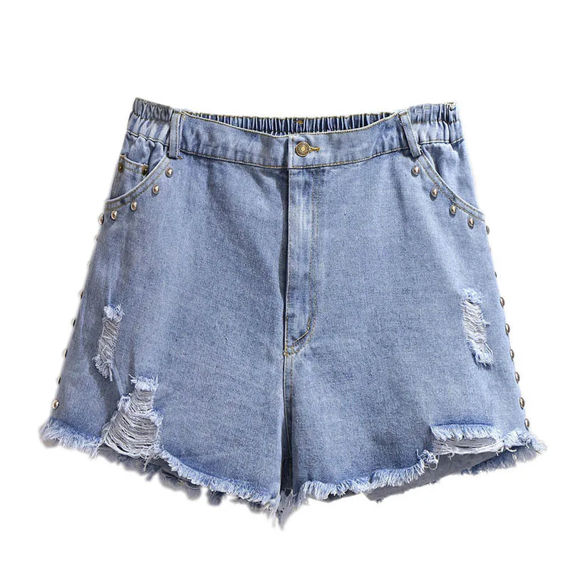 150Kg Plus Size Women's Summer Loose Denim Shorts Ripped Beaded Straight Wide Leg Pants Blue Hip 154cm 5XL 6XL 7XL 8XL 9XL