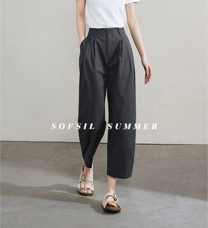 ZllKl  Solid Color Ankle-Length Knickerbockers  New Summer Fashion Women's Wear Loose Slimming High Waist Casual Wide-Leg Pants Trendy