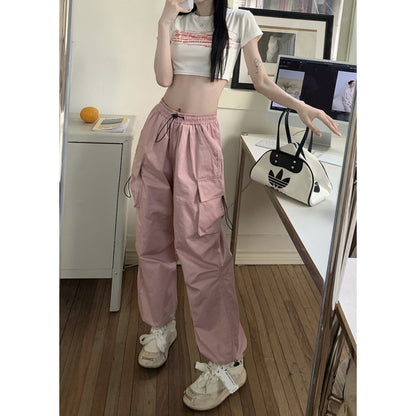 ZllKl  Nylon Quick-Drying Overalls Women's Summer New American Parachute Pants High Waist Wide Leg Leisure Drawstring Sports Pants