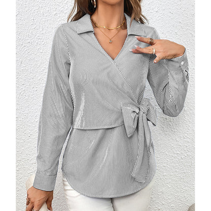 zllkl  Cross-Border European and American Women's Clothing Vertical Stripes Slimming Bundle Long-Sleeved Women's Shirt Shirt Top Women's