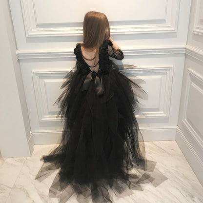 ZllKl  Girls' Dress Black Mesh Dress Piano Performance Catwalk Fashion Baby Birthday Banquet Children's Dress