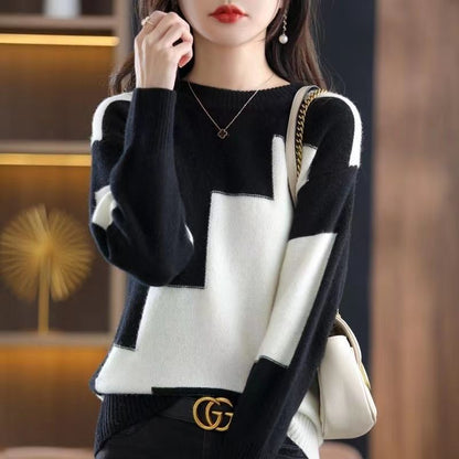 [80-100kg] Large size contrasting color knitted top women's autumn and winter chic warm sweater temperament color matching bottoming shirt