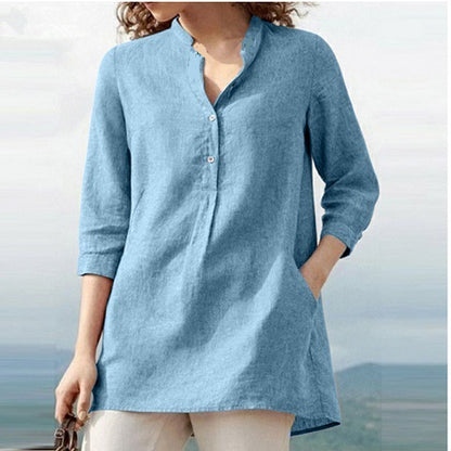 zllkl  Cross-Border Ebay Autumn New European and American Women's Clothing Solid Color Three-Quarter Length Sleeve Stand Collar Cotton and Linen Leisure Pullover Shirt