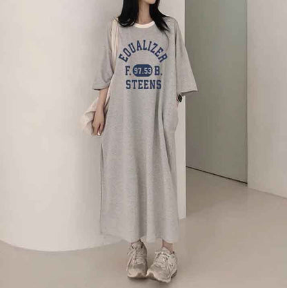 ZllKl 2025Manufacturer pure cotton medium and long casual long skirt large size Japanese and Korean version striped short-sleeved t-shirt dress women's summer