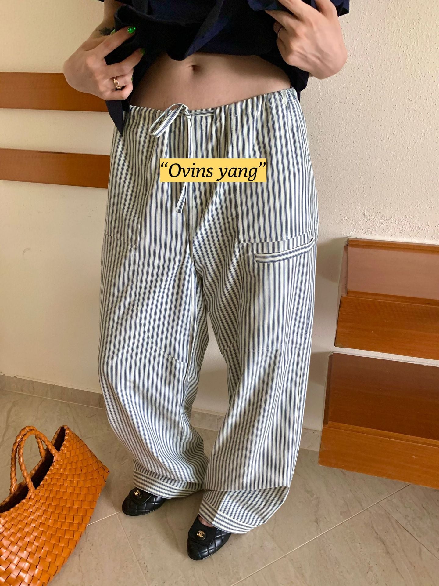 ZllKl  Ovinsyang Vertical Striped Pants Women's Summer Thin Sweet College Style Casual Trousers Wide Leg Pants Straight-Leg Pants