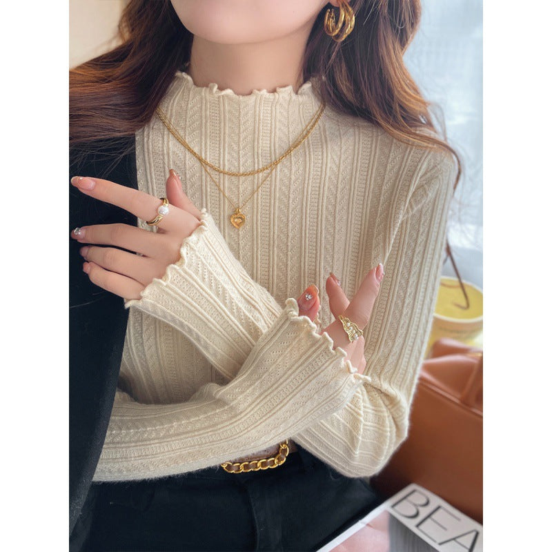 White bottoming shirt women's autumn and winter wear 2024 new semi-turtleneck fungus edge knitted sweater medium neck long-sleeved sweater